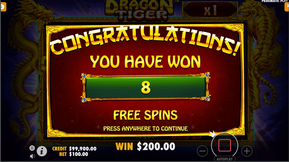 Dragon Tiger video slot eight free spins